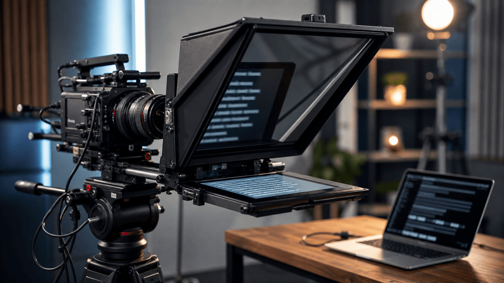 Teleprompter mirror glass rig in front of a camera for reflected script reading