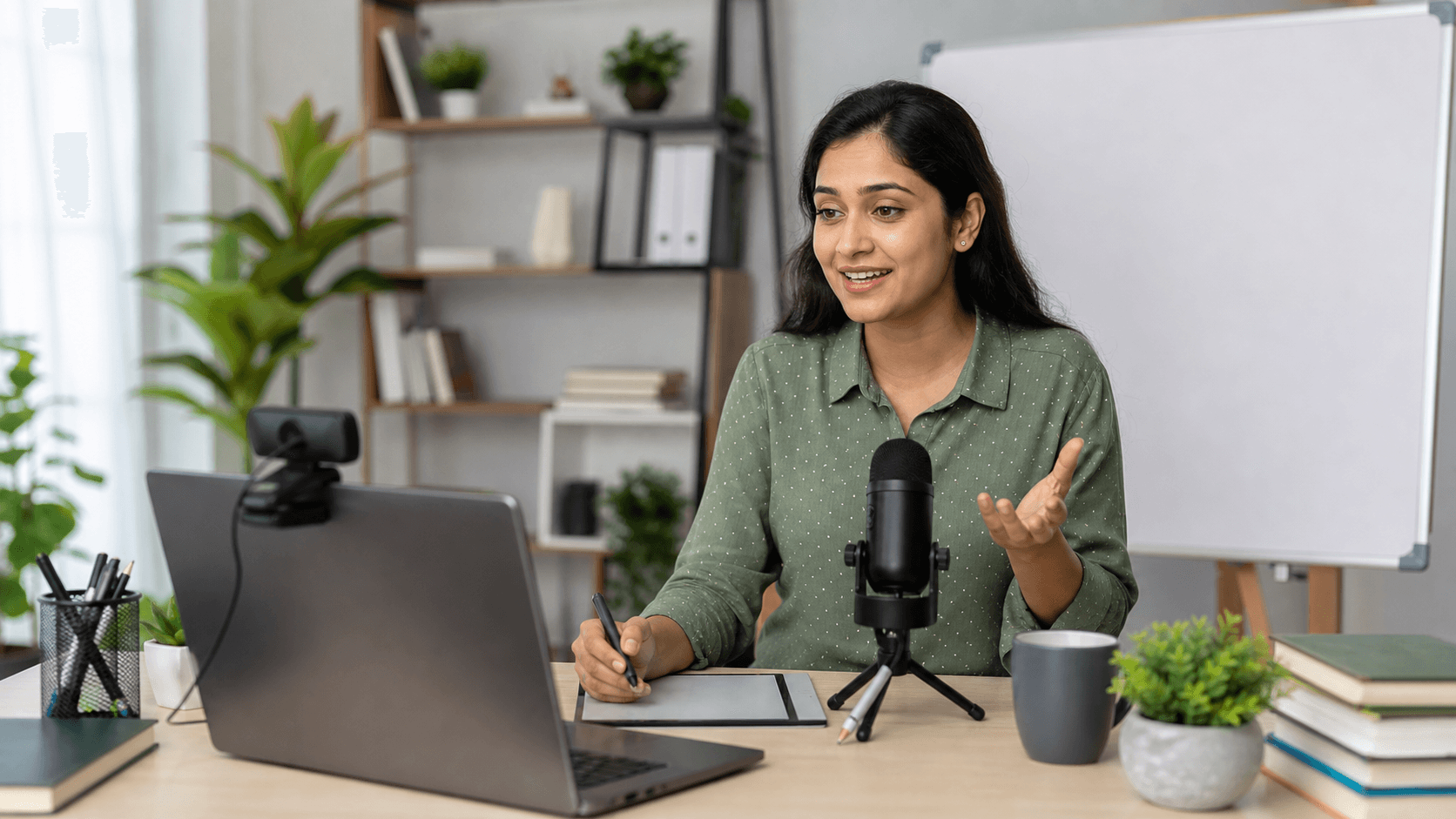 Online teacher recording a lesson with a laptop teleprompter and microphone