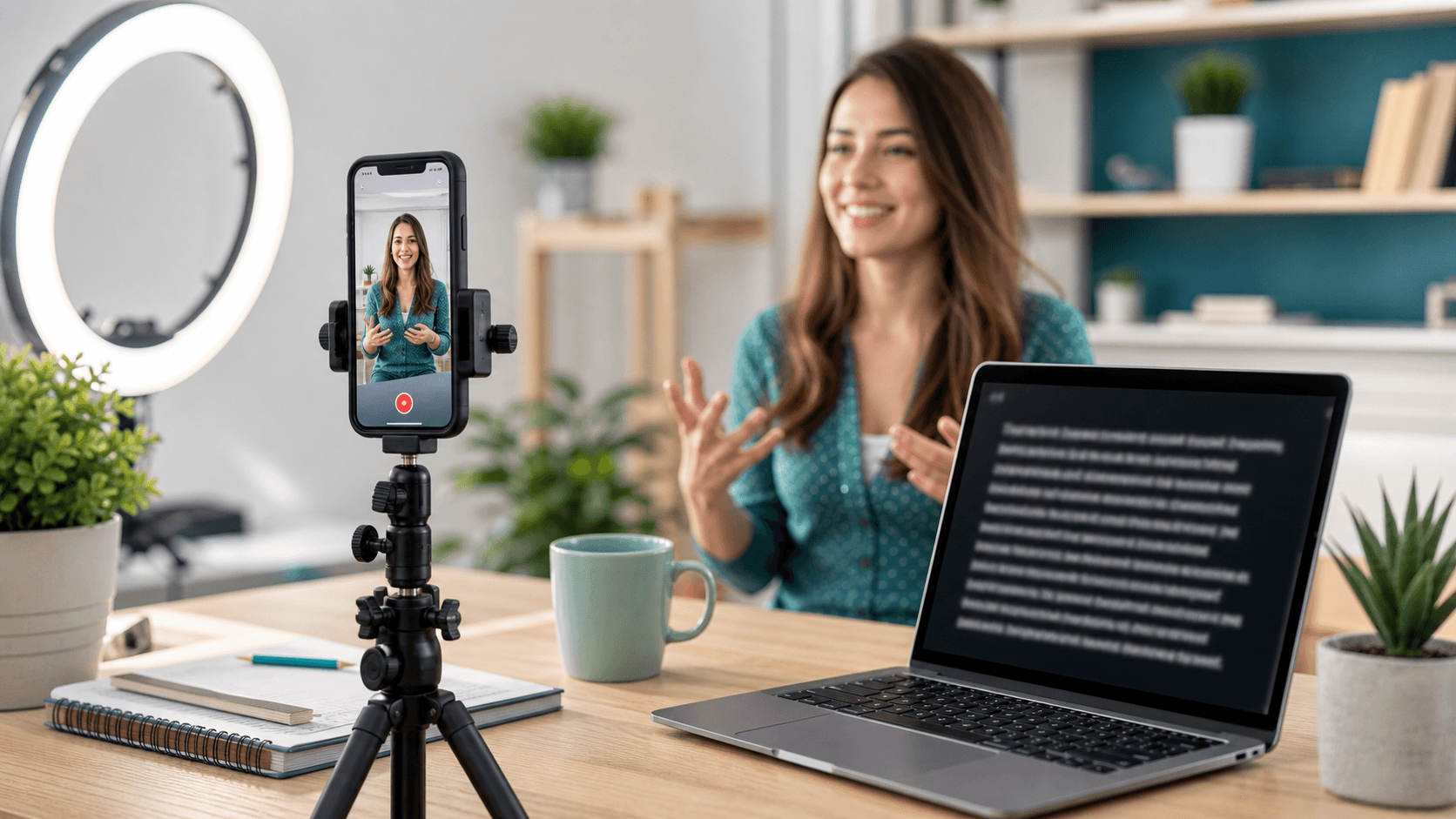 Smartphone and laptop setup for recording Instagram reels with a teleprompter
