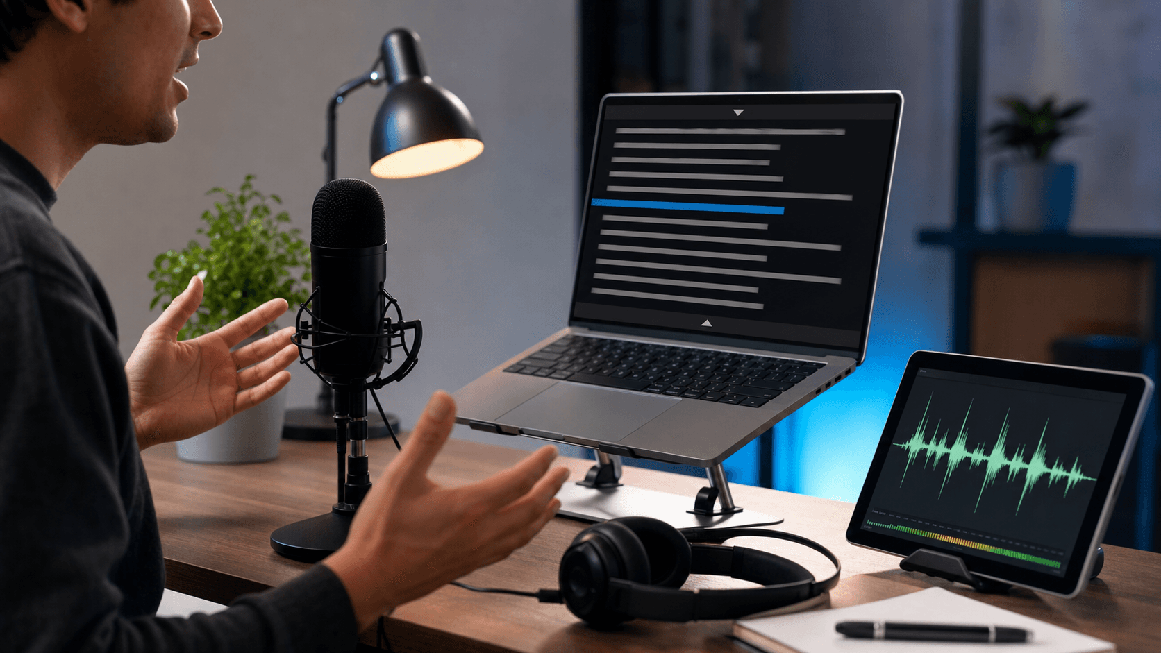 Speaker using a microphone and laptop for voice-assisted teleprompter scrolling