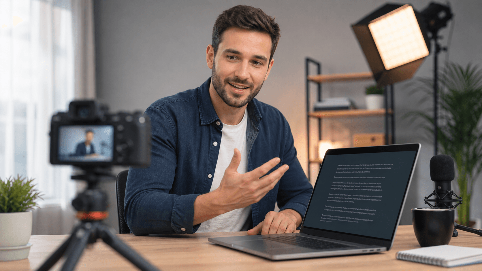 Creator recording a YouTube tutorial with a laptop teleprompter and camera setup